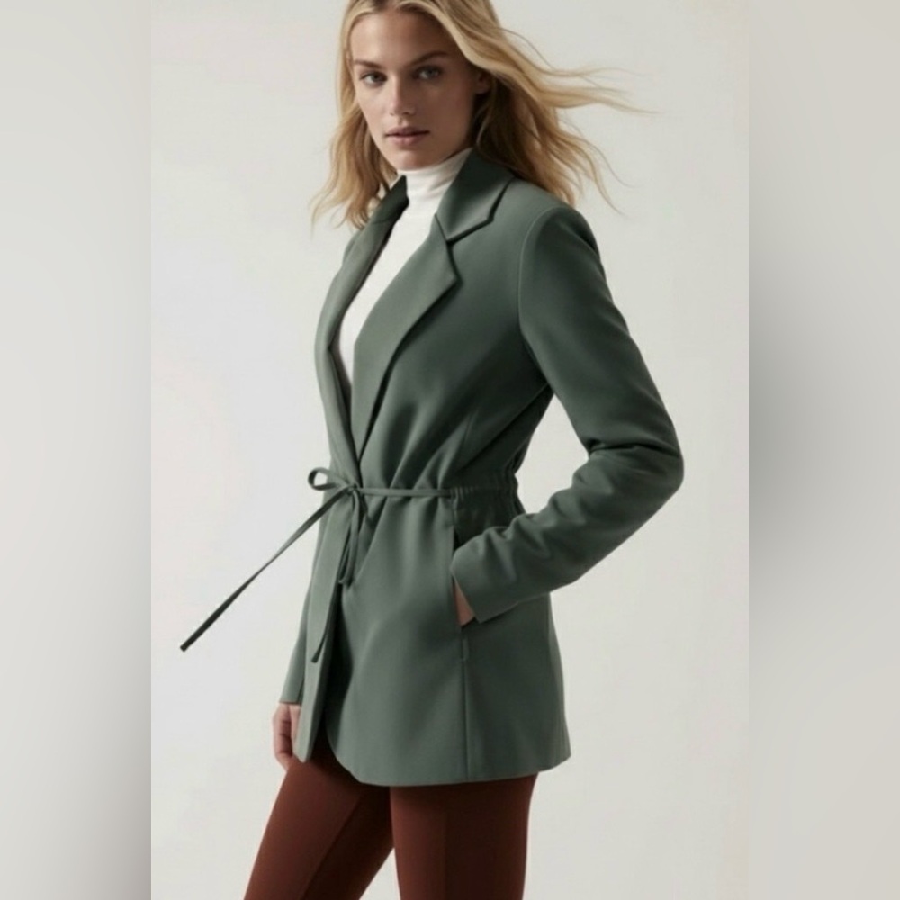 Athleta Endless Primatwill Waist Tie Blazer‎ Jacket Career Casual Olive Green 6 - Picture 4 of 14
